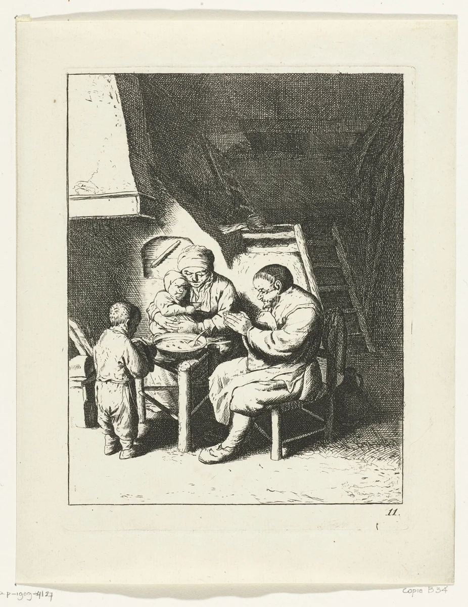 Gezin aan tafel voor de maaltijd by anonymous, print, 1653-1745
