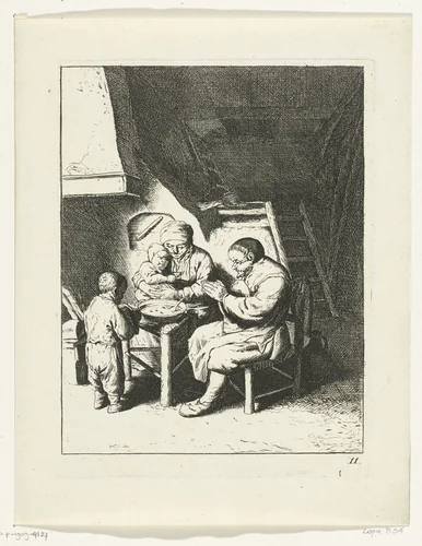 Gezin aan tafel voor de maaltijd by anonymous, print, 1653-1745