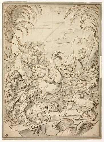 Ostrich Hunt by Charles Parrocel, drawing, 1708-1781