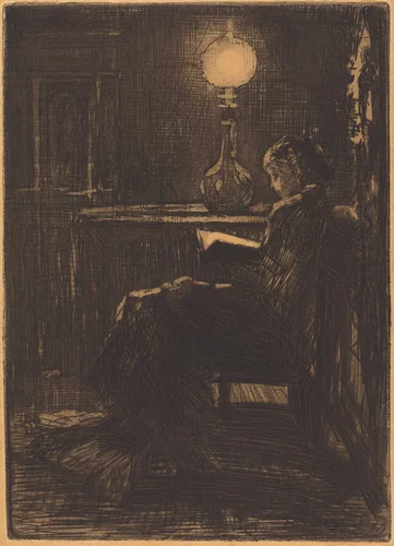 Liseuse à la Lampe (Woman Reading by Lamplight) by Félix-Hilaire Buhot, print, 1879
