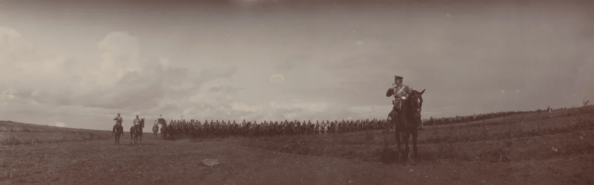 General Vladimir Nikolaevich Voeykov with Cavalry Lined Up Behind Him, Ropsha by Unidentified Photographer, photograph, 1907