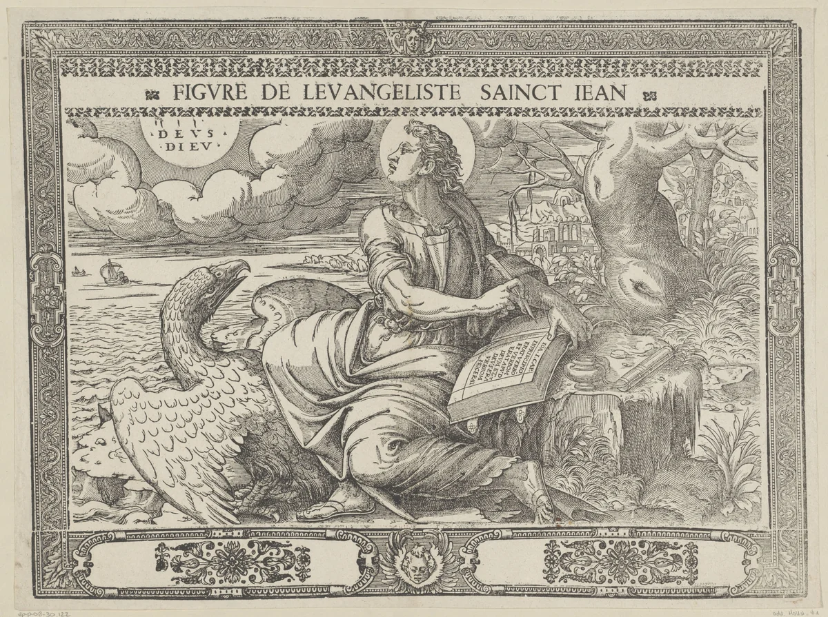 Johannes de evangelist schrijft zijn evangelie by Antoni van Leest, print, 1572-1575