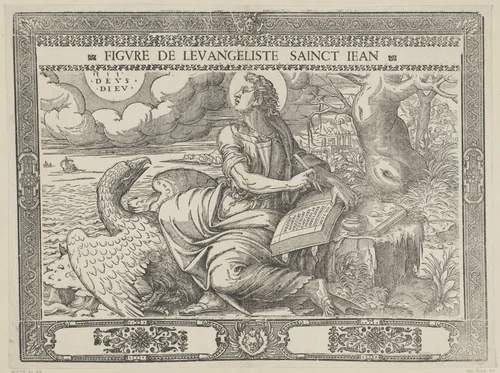Johannes de evangelist schrijft zijn evangelie by Antoni van Leest, print, 1572-1575