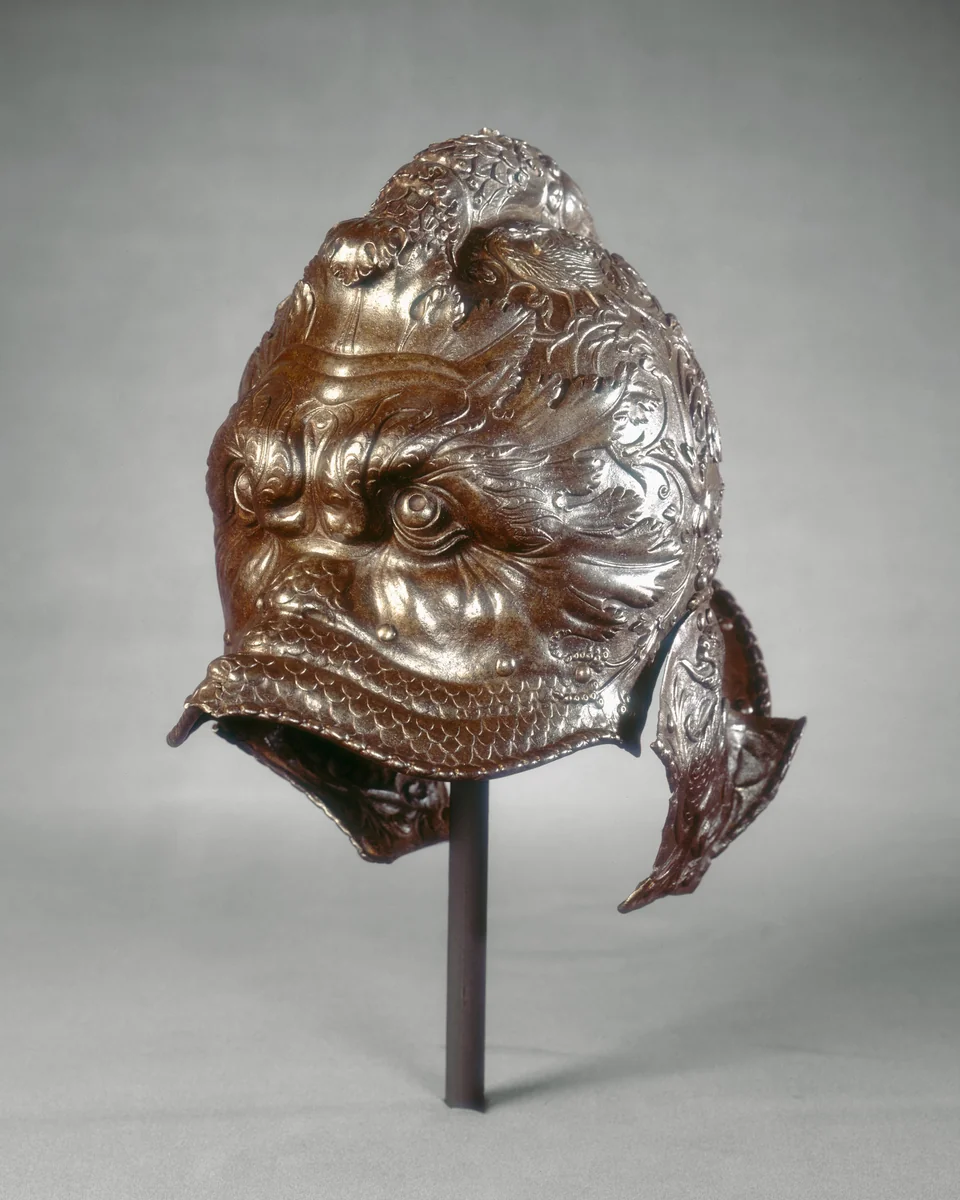 Helmet (burgonet) in the Form of a Dolphin Mask by Giovanni Paolo Negroli, decorative art, 1485-1585