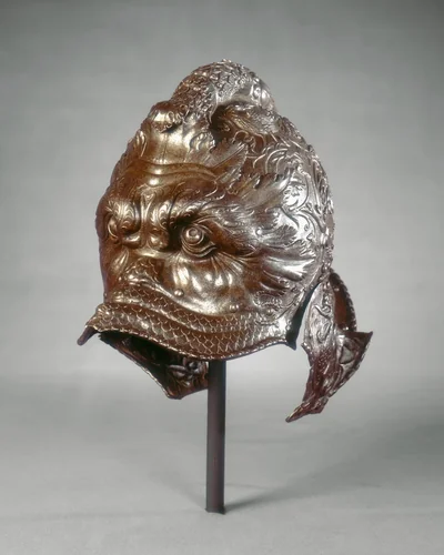 Helmet (burgonet) in the Form of a Dolphin Mask by Giovanni Paolo Negroli, decorative art, 1485-1585