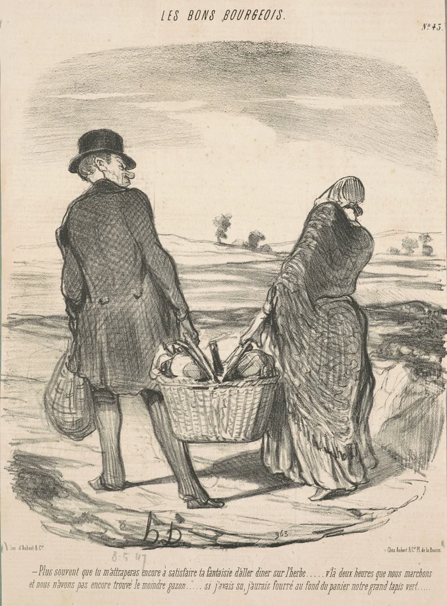 Plus souvent que tu m'attraperas encore à satisfaire ta fantaisie d'aller dîner sur l'herbe . . . V'là deux heures que nous marchons et nous n'avons pas encore trouvé le moindre qazon . . . Si j'avais su, j'aurais fourré au fond du panier notre grand tapis vert. by Honoré Daumier, print, 1847
