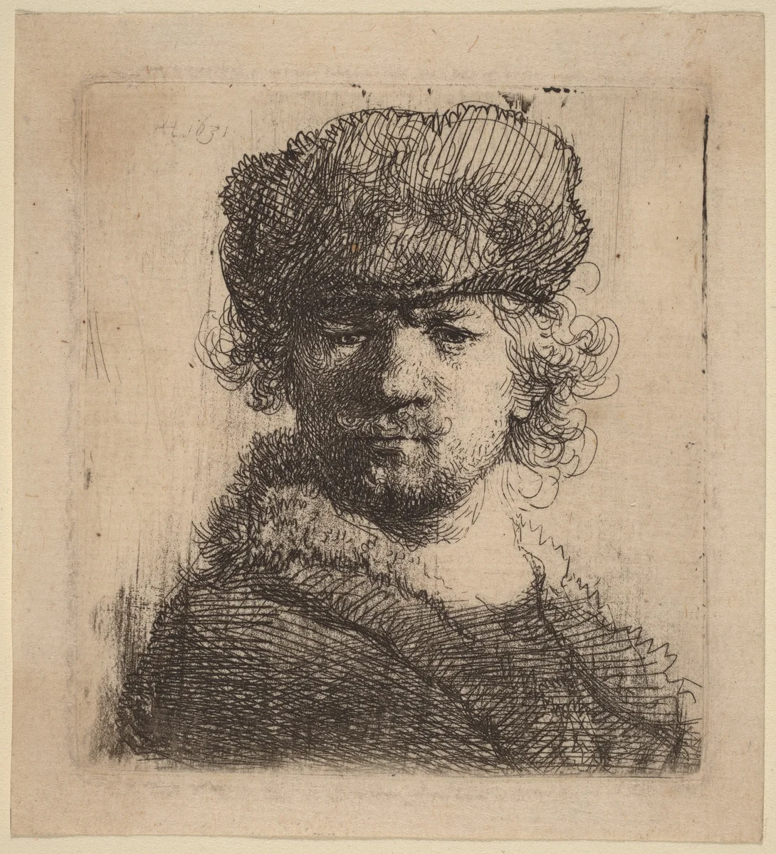Self-Portrait in a Heavy Fur Cap by Rembrandt van Rijn, print, 1631