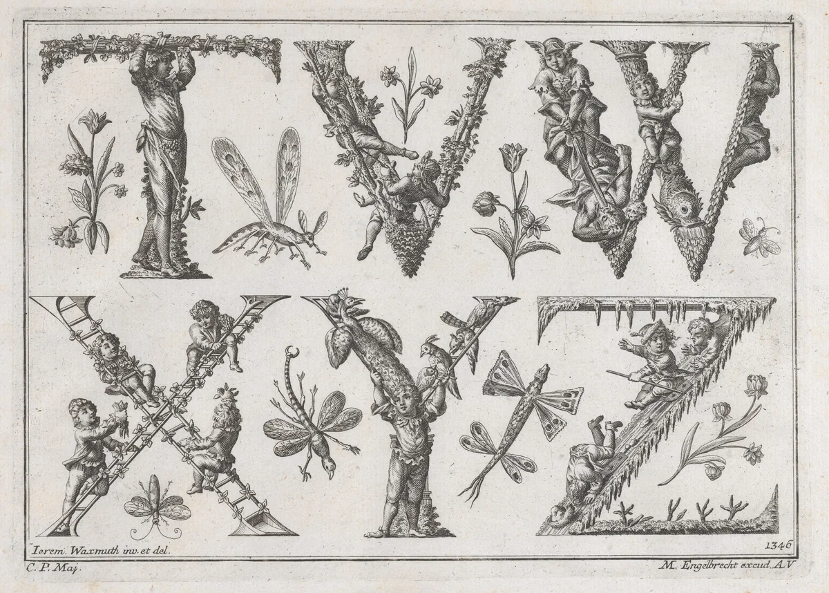 Decorated Roman alphabet by Jeremias Wachsmuth, print, 1700-1799