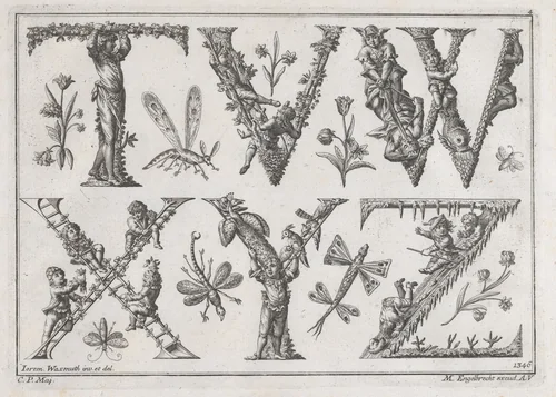 Decorated Roman alphabet by Jeremias Wachsmuth, print, 1700-1799