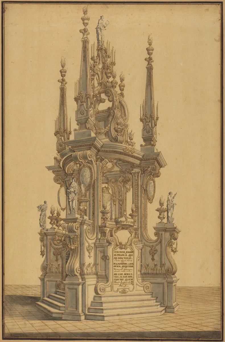 Magnificent Catafalque in Honor of John III, King of Poland by Alessandro Galli Bibiena, drawing, 1687-1769