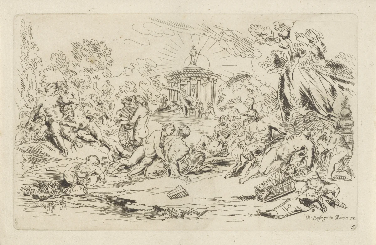 Nimfen en saters voor een tempel van Bacchus by Anthonie de Winter, print, 1668-1707