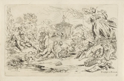 Nimfen en saters voor een tempel van Bacchus by Anthonie de Winter, print, 1668-1707