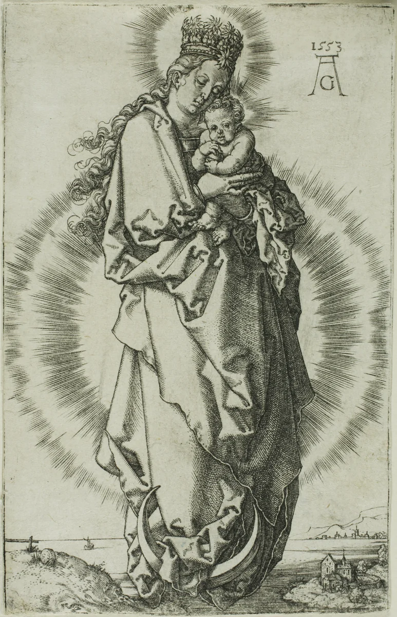 The Virgin and Child on a Crescent Moon by Heinrich Aldegrever, print, 1553