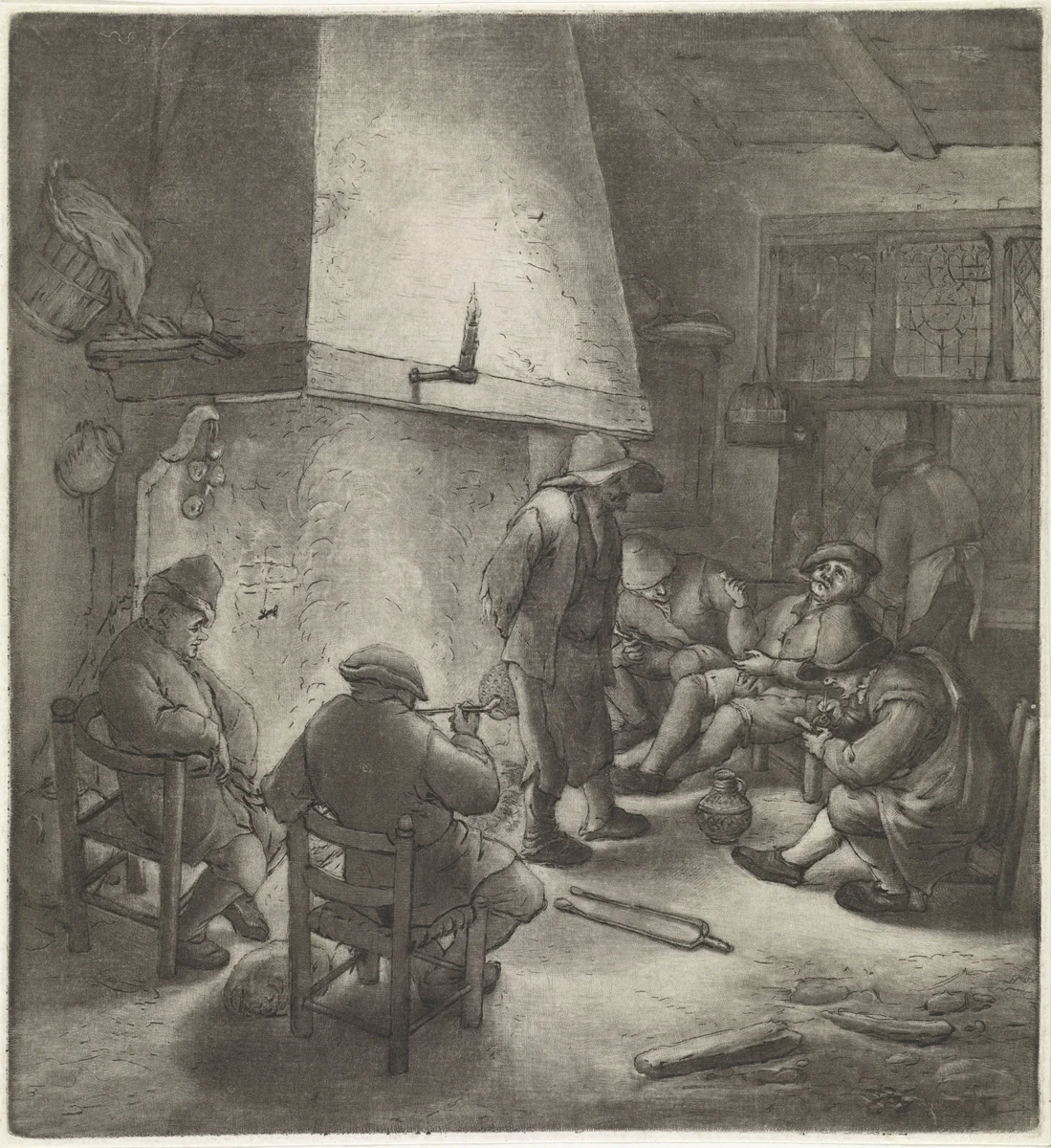 Rokende boeren bij een schouw by Anthonie van den Bos, print, 1778-1838