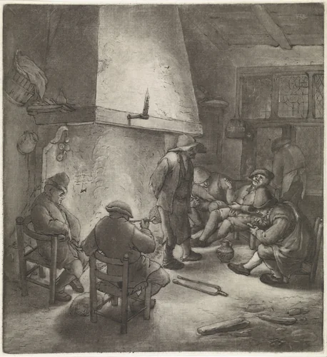 Rokende boeren bij een schouw by Anthonie van den Bos, print, 1778-1838
