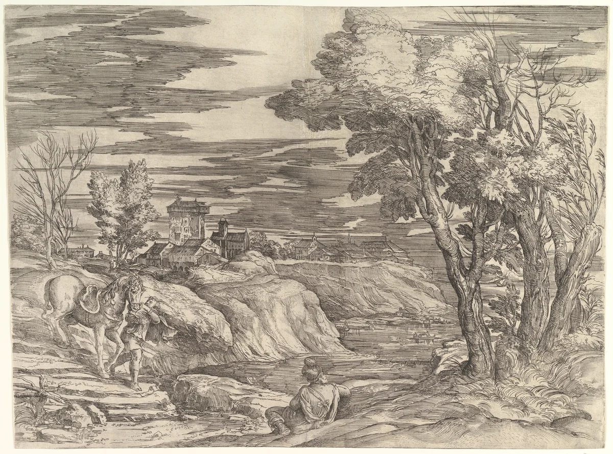Landscape with a Horseman and His Groom by Battista Franco, print, 1547-1566