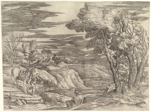 Landscape with a Horseman and His Groom by Battista Franco, print, 1547-1566