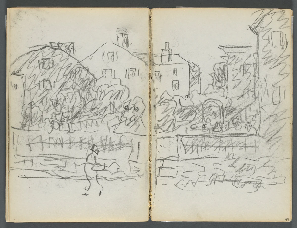 Sketchbook, The Dells, N° 127, page 094 & 95: Village Street by Maurice Prendergast, book, 1919-1921