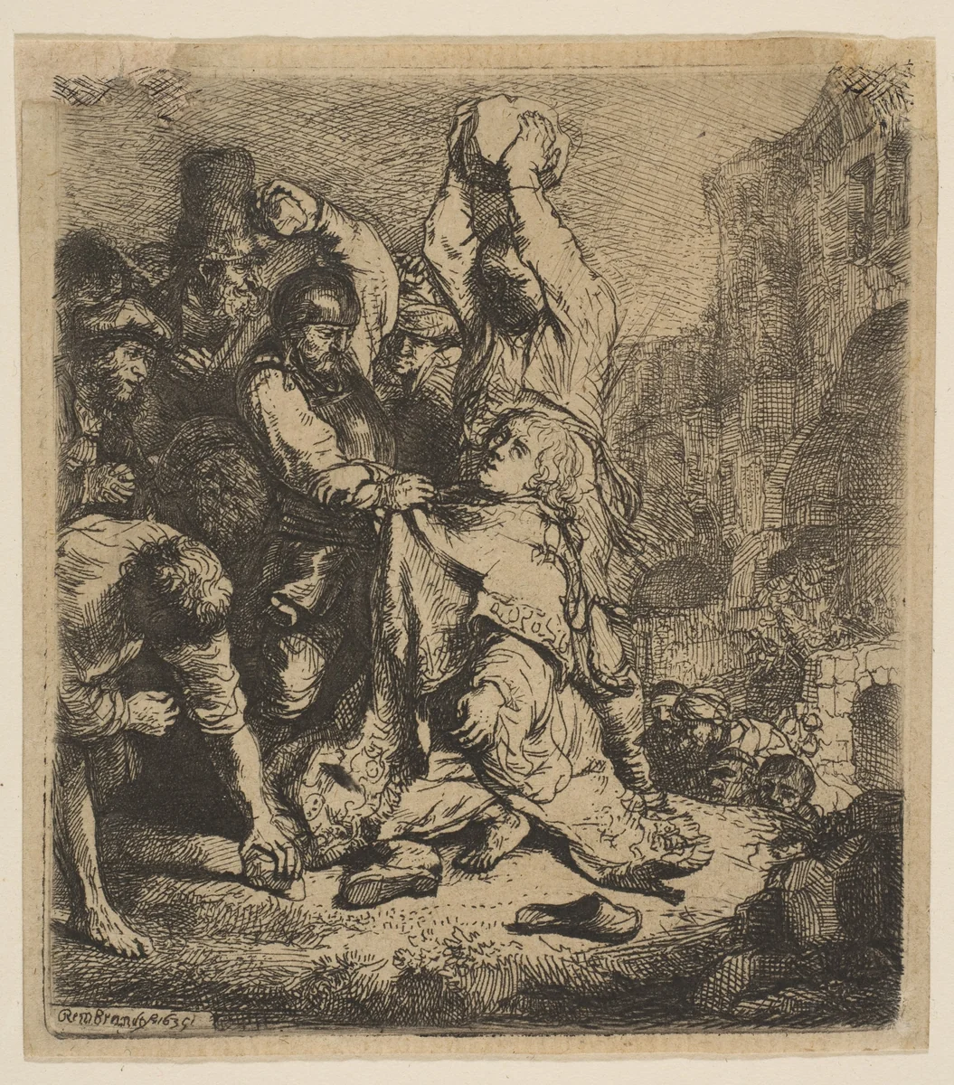The Stoning of St. Stephen by Rembrandt van Rijn, print, 1635