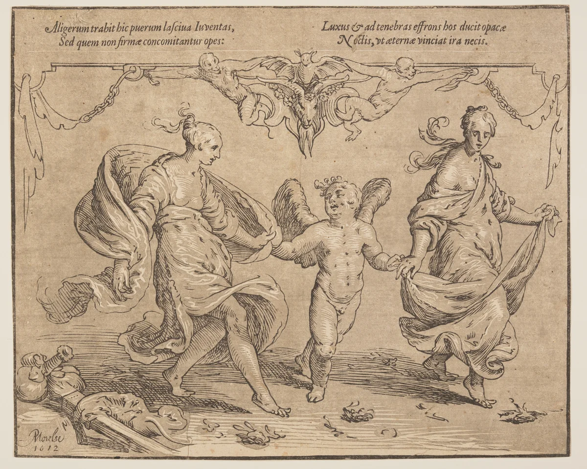 Cupid with Youth and Luxury by Paulus Moreelse, print, 1612