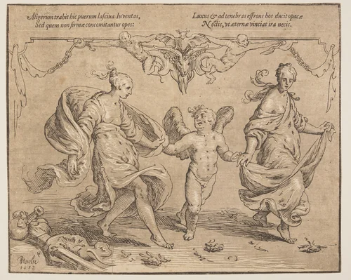 Cupid with Youth and Luxury by Paulus Moreelse, print, 1612