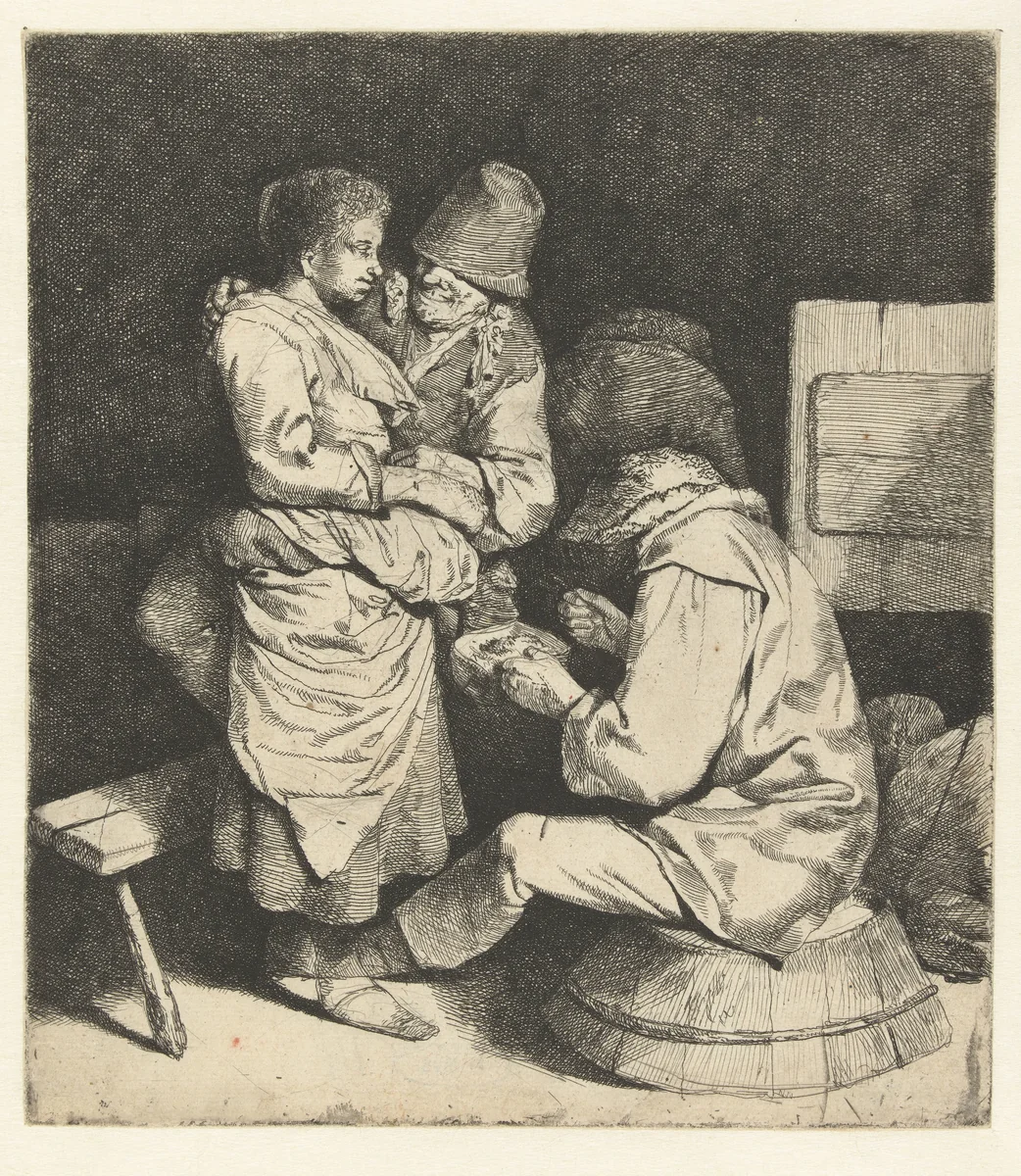 Vrouw vastgepakt door man, andere man zit te eten in herberg by Cornelis Pietersz. Bega, print, 1642-1664