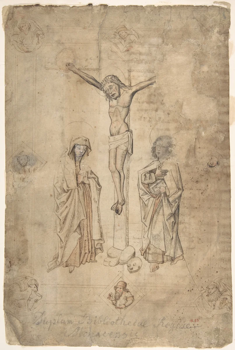Crucifixion with the Virgin and St. John the Evangelist by anonymous, drawing, 1400-1500