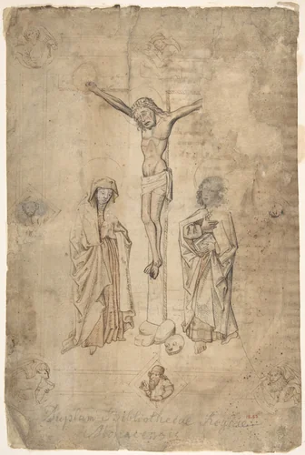 Crucifixion with the Virgin and St. John the Evangelist by anonymous, drawing, 1400-1500
