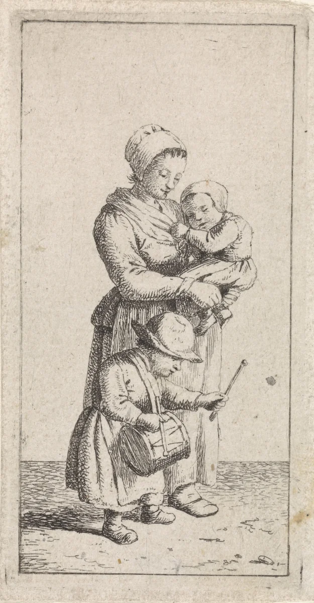 Vrouw met twee kinderen op pad by Johannes Christiaan Janson, print, 1778-1823
