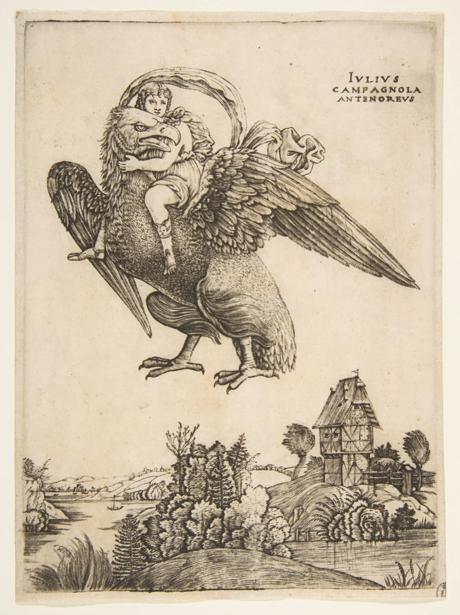 Ganymede as a young boy riding a large eagle (Zeus) in flight above a landscape by Giulio Campagnola, print, 1500-1505