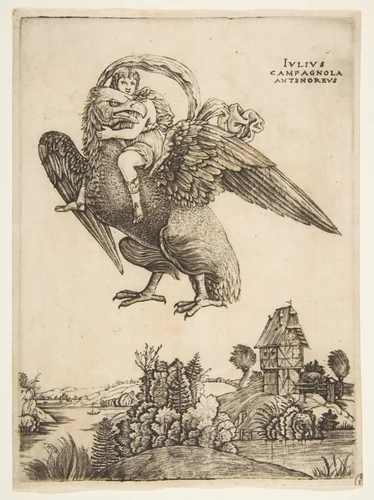 Ganymede as a young boy riding a large eagle (Zeus) in flight above a landscape by Giulio Campagnola, print, 1500-1505