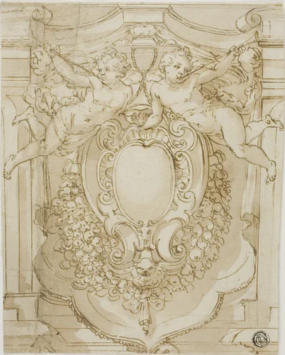 Shield of Cardinal with Two Trumpeting Putti by Lazzaro Tavarone, drawing, 1580-1641