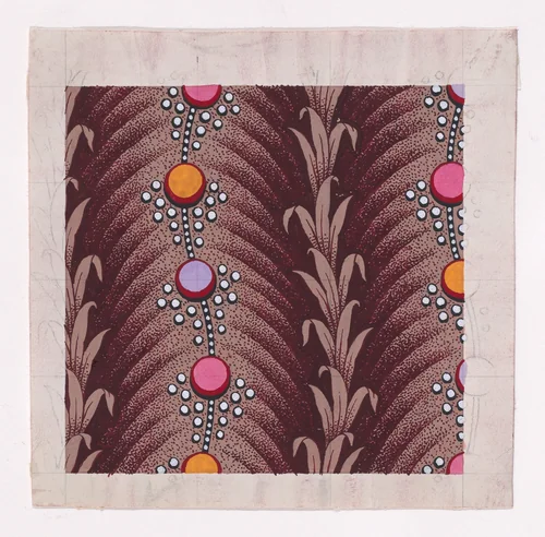 Textile Design with Alternating Vertical Garland of Stylized Leaves and Undulating Circles Surrounded by Pearls by anonymous, drawing, 1840