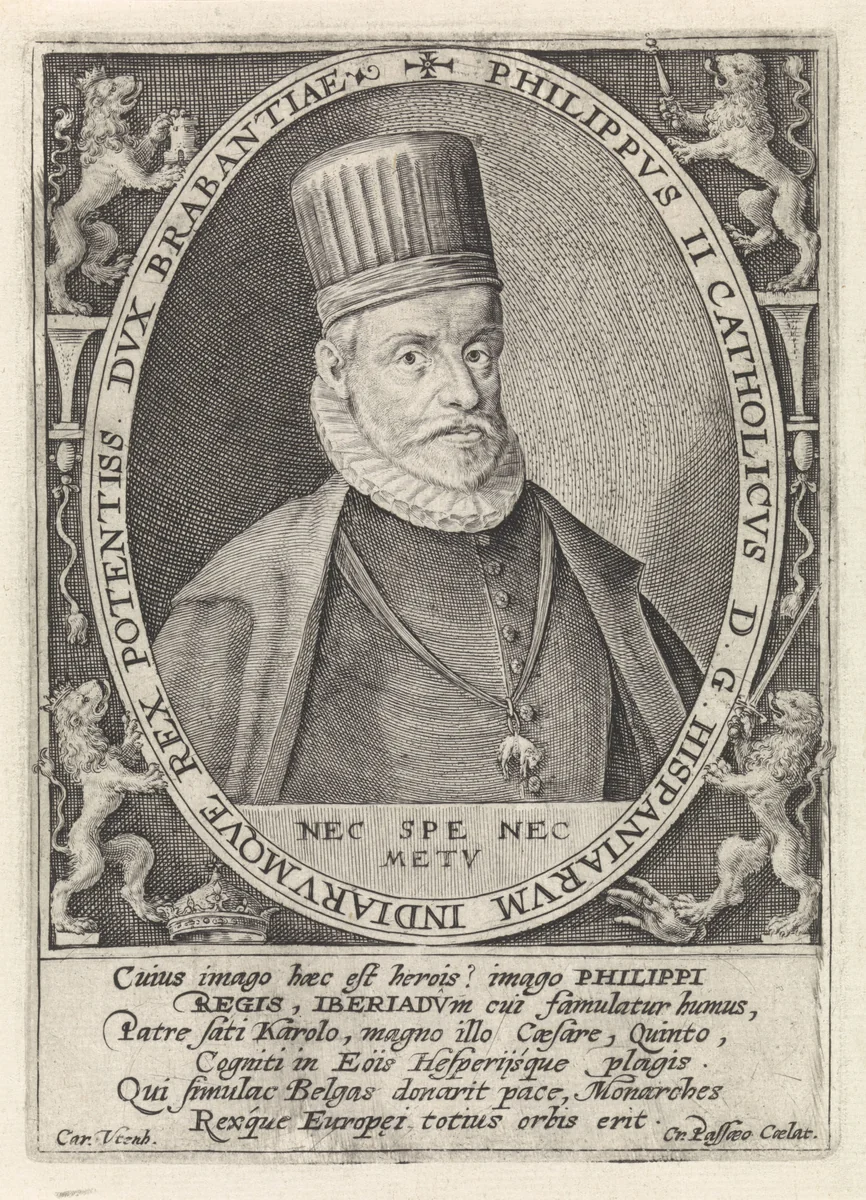 Portret van Filips II by Unknown, print, 1574-1637