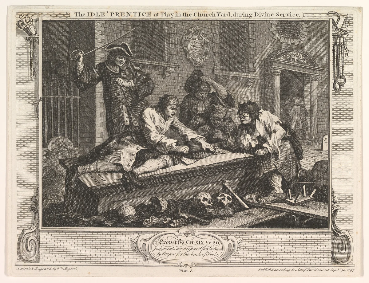 The Idle 'Prentice at Play in the Church Yard (Industry and Idleness, plate 3) by William Hogarth, print, 1747