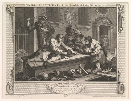 The Idle 'Prentice at Play in the Church Yard (Industry and Idleness, plate 3) by William Hogarth, print, 1747