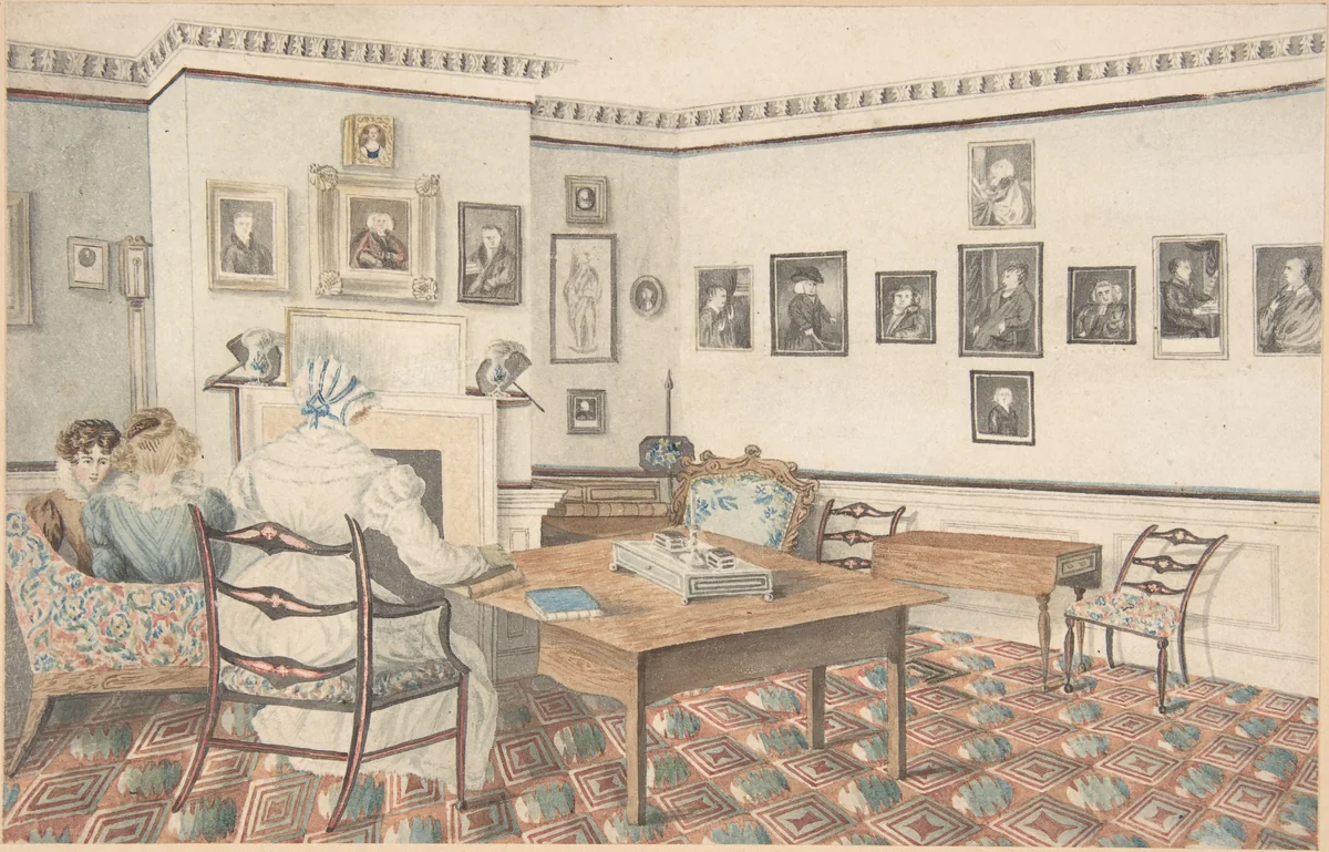 Drawing Room at Hatton, Warwickshire by Granddaughters of Dr. Samuel Parr, drawing, 1820-1830