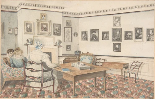 Drawing Room at Hatton, Warwickshire by Granddaughters of Dr. Samuel Parr, drawing, 1820-1830