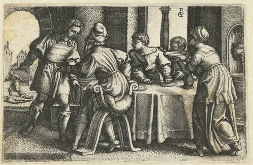 Tobit verlaat het feestmaal nadat Tobias hem vertelt over een omgebrachte man by Unknown, print, 1543