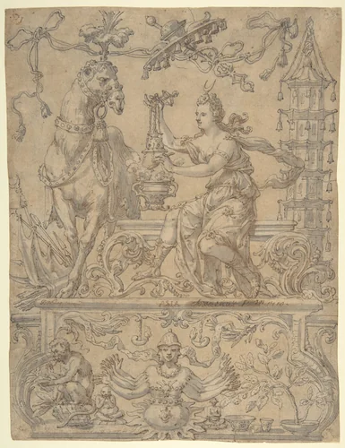 Allegory of Asia, from the Four Continents by Godfried Maes, drawing, 1660-1700