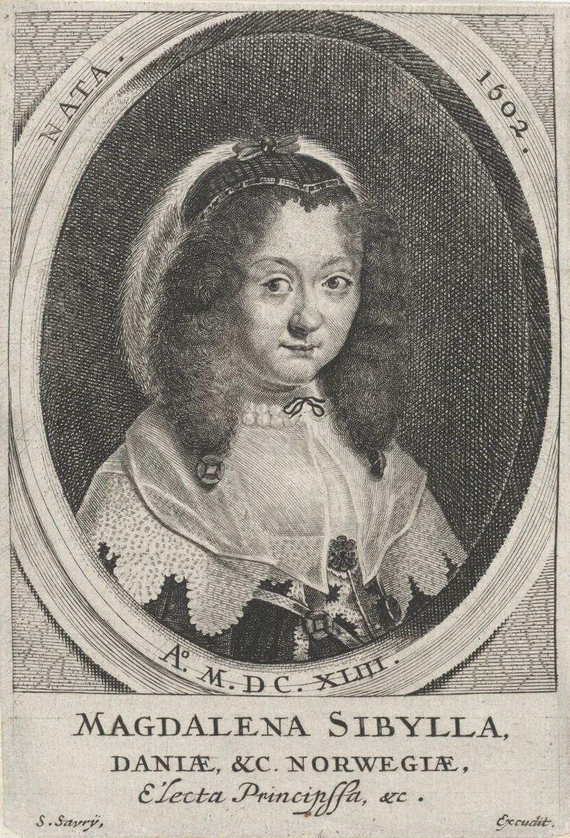 Portret van Magdalena Sibylla van Saksen, kroonprinses van Denemarken by Salomon Savery, print, 1643-1665