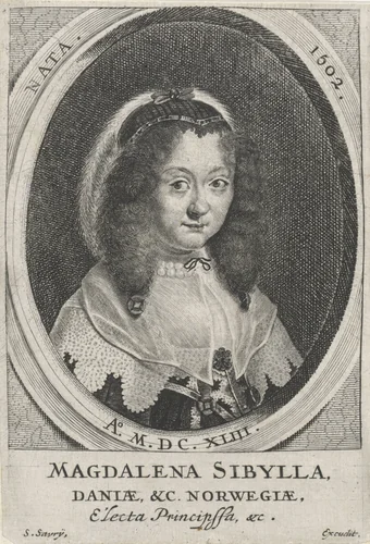 Portret van Magdalena Sibylla van Saksen, kroonprinses van Denemarken by Salomon Savery, print, 1643-1665
