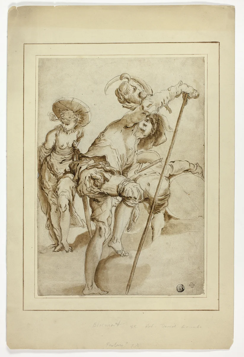 A standing soldier, a standing woman, and a stooping drummer by Abraham Bloemaert, drawing, 1593-1598