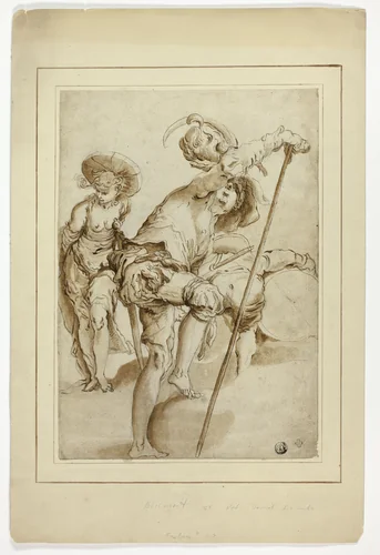A standing soldier, a standing woman, and a stooping drummer by Abraham Bloemaert, drawing, 1593-1598