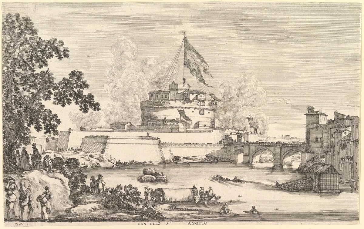 View of the Tiber river, a large tree to left, two groups of women to left in the foreground, a bridge leading to the Castello Sant'Angelo to left, above which a large flag is hoisted, clouds of gunsmoke to right and left of the castle by Stefano della Bella, print, 1656