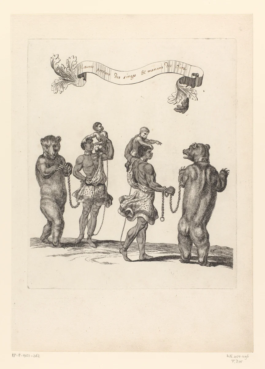 Twee Afrikaanse mannen, elk met een aap op hun schouders en een beer aan een ketting by François Chauveau, print, 1670