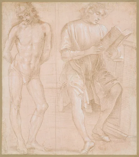 Standing Youth with Hands Behind His Back, and a Seated Youth Reading (recto); Two Studies of Hands (verso) by Filippino Lippi, drawing, 1457-1504