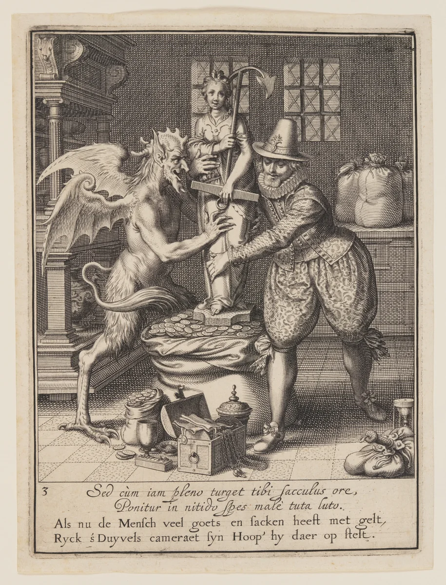 A Man and the Devil Filling a Sack with Money and Setting Up a Statue of Hope, from Allegory of the Misuse of Worldly Property by Willem van Swanenburgh, print, 1609