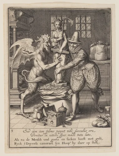 A Man and the Devil Filling a Sack with Money and Setting Up a Statue of Hope, from Allegory of the Misuse of Worldly Property by Willem van Swanenburgh, print, 1609