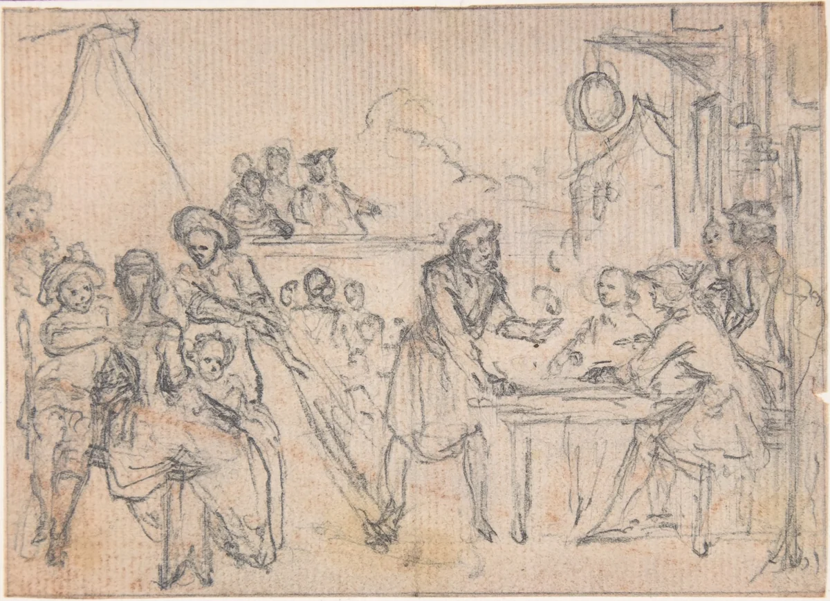 Study for "Hob Selling Beer at the Wake," etched vignette in "Songs in the Opera of Flora" by Hubert François Gravelot, drawing, 1732-1742